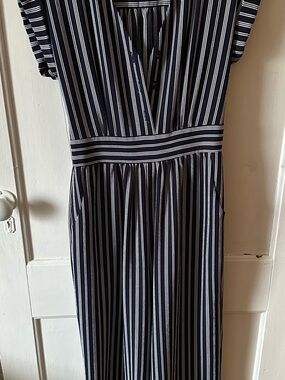 Monteau Navy and White Striped Midi Dress
